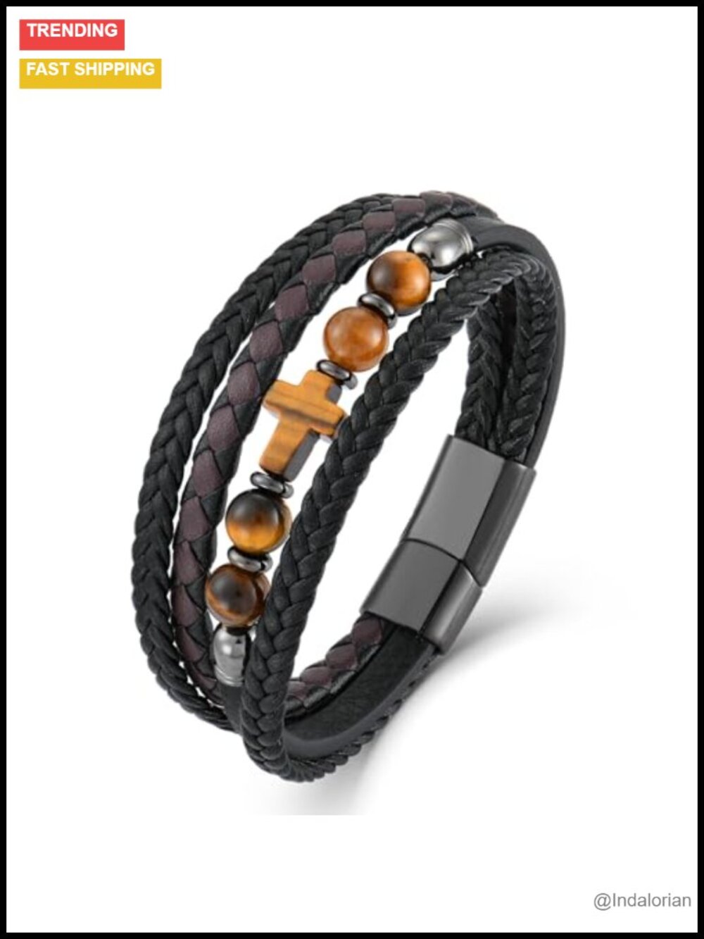 Men's Braided Leather Cross Bracelet with Tiger Eye Beads - 8.3"